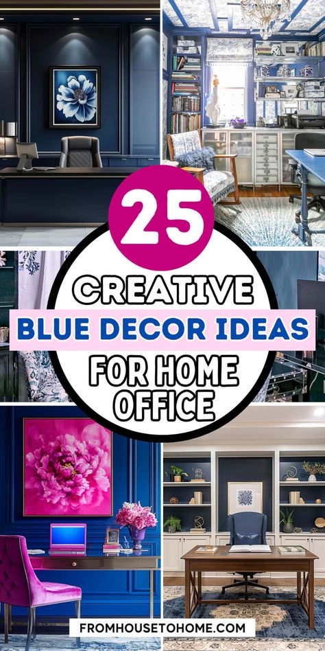 25 creative blue decor ideas for home office Navy Pink Office Ideas, Blue And Pink Office, Blue Craft Room, Blue Home Office Ideas, Womens Office Ideas, Pink Office Ideas, Women Office Ideas, Diy Wall Unit, Dark Blue Office