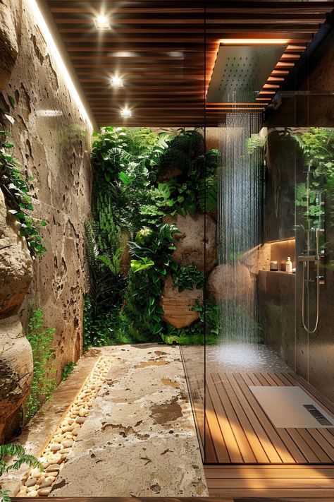 add plants and light strips to your bathroom to create an at-home spa oasis. Product inspo pinned below! Spa Type Bathroom, Natural Bathroom Ideas, Diy Motorhome, Tropical Bathroom Decor, Japanese Shower, Spa Oasis, Shower Spa, Outdoor Bathroom Design, Tropical Bathroom