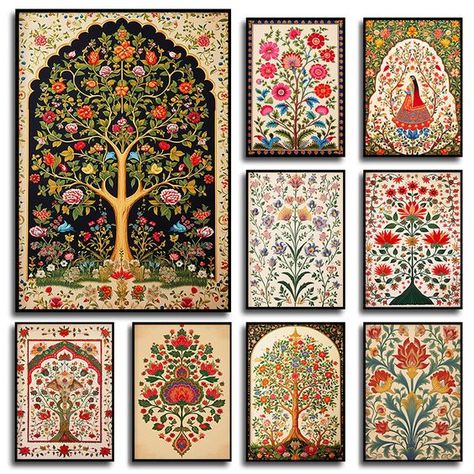 Vastu Painting, Folk Art Tree Of Life, Vintage Lotus Flower, Detail Painting, Persian Art Painting, Pattern Poster, Embroidery Hoop Wall Art, Canvas Learning, Folk Art Flowers