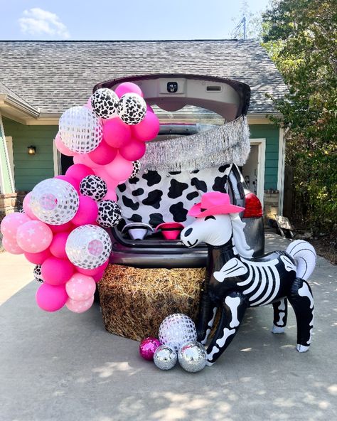 Ad a little bit of fun and make a non traditional Trunk-or-Treat set up this year! 
@sierralmiller
#trunkortreat #trunkortreatideas Trunk Or Treat Ideas For Cars Cowboy Theme, Trunk Or Treat Ideas For Cars For Daycare, Preppy Trunk Or Treat, Western Trunk Or Treat Ideas For Cars, Western Theme Trunk Or Treat, Cheer Trunk Or Treat Ideas, Disco Cowgirl Trunk Or Treat, Cowgirl Trunk Or Treat Ideas, Trunk Or Treat Hello Kitty