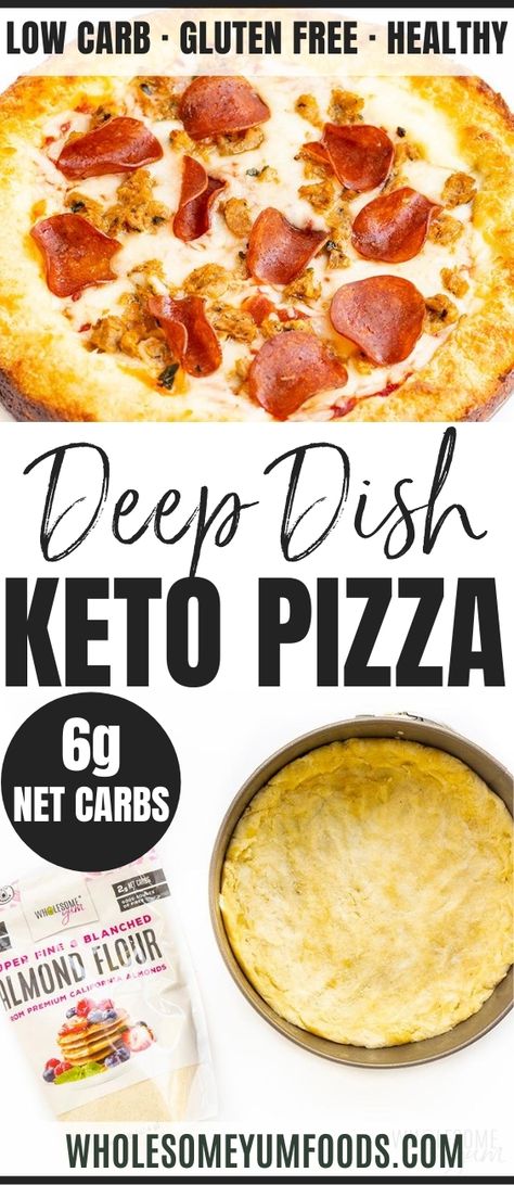 Fathead Keto Deep Dish Pizza Recipe - The deep dish version of the iconic keto friendly fathead pizza! This keto deep dish pizza recipe has just 6g net carbs per slice and takes 30 minutes. #wholesomeyum #keto #ketopizza #fatheadpizza Keto Deep Dish Pizza, Deep Dish Pizza Crust, Deep Dish Pizza Dough, Fat Head Pizza Crust, Low Carb Keto Dinner, Biscuits Pizza, Fathead Pizza, Chicago Style Deep Dish Pizza, Dirty Keto