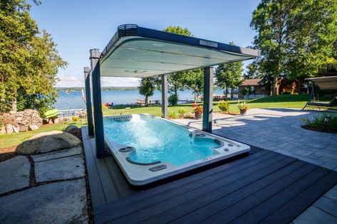 Swim Spa Pergola, Patio With Swim Spa, Bullfrog Swim Spa, Inground Swim Spa, Large Swim Spa, Outdoor Swim Spa, Swim Spa Landscaping, Country Hamptons Style, Pool And Patio Ideas