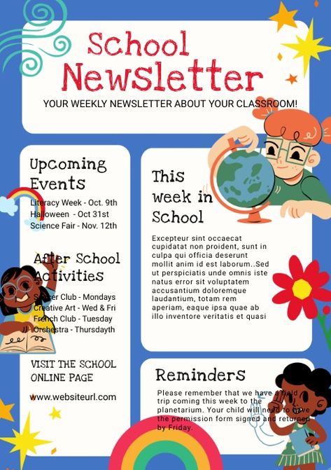 Art Newsletter Ideas, Flyer Design School, School Newsletter Ideas, Event Newsletter, Preschool Newsletter Templates Editable, School Magazine Ideas, Back To School Newsletter, School Newsletter Template Free, Newsletter Design Layout