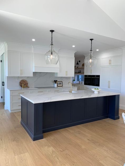 White Cupboards Blue Island, White Cabinets With Navy Island, Kitchen Island Dark Blue, Kitchen With Dark Blue Island, Navy Black And White Kitchen, Naval Blue Kitchen Island, Kitchen Ideas Blue Island, Beautiful White Kitchens With Islands, Indian Home Kitchen Design