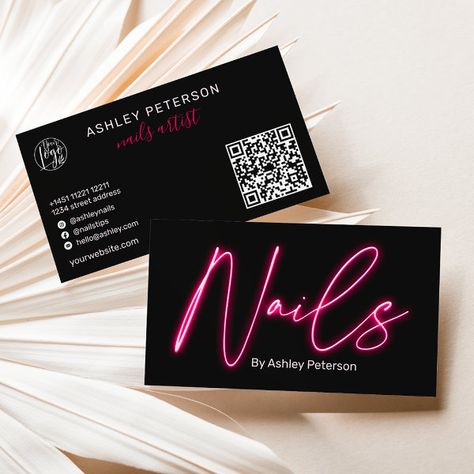 Modern glam pink neon nails script logo qr code business card Purple Neon Nails, Nails Technician, Nail Business Cards, Nail Tech Business Cards, Nail Tech Business, Circle Business Cards, Instagram Business Card, Cute Business Cards, Hair Business Cards