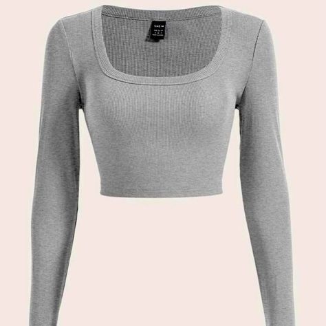 SHEIN EZwear Scoop neck Crop Tee (Gray)     Medium Grey Long Sleeve Top Outfit, Long Sleeve Top Outfit, Blusas Crop Top, Clothes For Winter, Tops Shein, China Clothes, Adam Cole, Bday Wishlist, Comfortable Fits