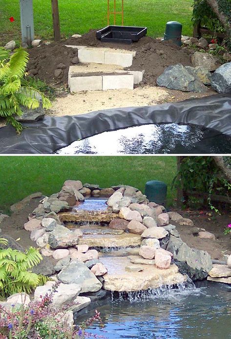 DIY Garden Waterfall Projects • The Garden Glove Diy Ponds Backyard, Diy Waterfall, Kolam Koi, Taman Air, Backyard Ponds, Garden Pond Design, Diy Pond, Backyard Pond, Garden Ponds