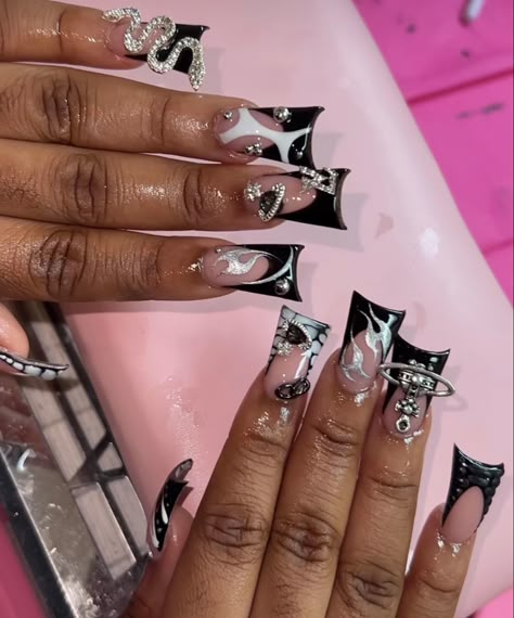 Simple Nails Acrylic Squares Long, Croc Duck Nails, Rockstar Duck Nails, Duck Nail Inspo 2023, Black Duck Nails With Charms, Extended Duck Nails, Jaylah Core, Black Duck Nails Acrylic, Duck Nails Black Women