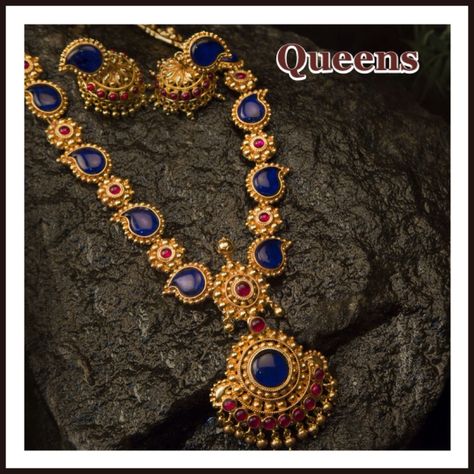 Antique Blue Haram Necklace Designs, Antique Blue Stone Necklace Designs, Antique Mango Haram Designs Blue Stone Gold Necklace, Blue Stone Necklace Indian Gold, Mango Haram Designs, Stone Necklace Designs, Blue Stone Jewellery, Mango Haram, Mango Necklace, Haram Designs, Blue Stone Necklace