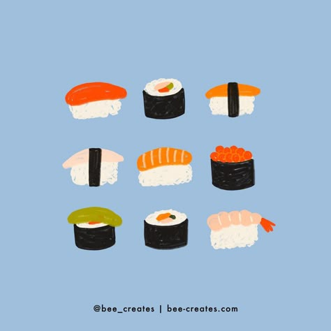 Comment your go to sushi order! I always love salmon belly anything 😋 SUSHI 6/100 for #100daysoftastyart #sushi #illustration #foodart #surfacedesign #surfacepatterndesign #surfacedesigner #foodillustration #theydrawandcook #sushiart #nigiri #sashimi #salmon #avocado #sushiroll #omakase #tuna Kawaii Sushi Stickers, Sushi Poster Illustration, Cartoon Sushi Drawing, Sushi Roll Illustration, Cute Sushi Illustration, Sashimi Drawing, Sushi Aesthetic Art, Sushi Illustration Graphics, Sashimi Illustration