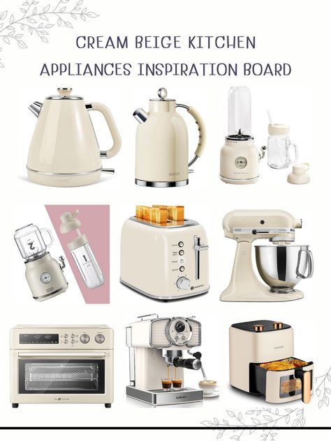 Beige aesthetic kitchen appliances retro kitchen Cream Kitchen Appliances, Smeg Appliances Cream, Breville Kettle And Toaster Cream, Smeg Kettle Cream, White Kitchen Aid, Smeg Kettle And Toaster Cream, Boho Style Kitchen, Blender Smoothie, Ivory Kitchen