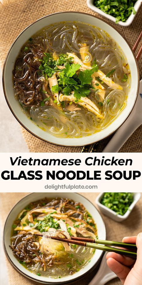 Soup With Glass Noodles, Mien Ga Recipe, Easy Glass Noodle Soup, Vietnamese Noodle Soup Recipes, Easy Vietnamese Soup, Noodle Soups Asian, Vietnamese Glass Noodle Salad, Vietnamese Chicken Noodle Soup, Asian Chicken Noodle Soup Recipe