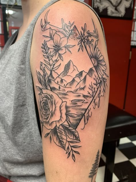 Shoulder Tattoos For Women Mountain, Nature Calf Tattoos For Women, Zion Mountain Tattoo, Half Sleeve Tattoos For Women Mountains, Scenic Tattoo Women, Upper Arm Tattoos For Women Nature, Camping Tattoo Ideas For Women, Outdoor Tattoo For Women Sleeve, River Tattoos For Women