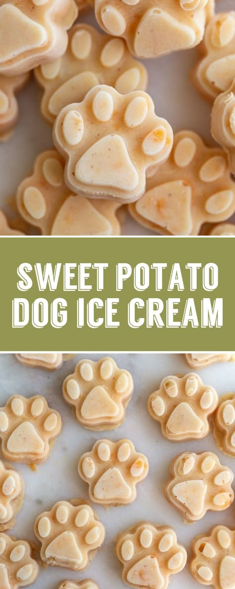 This Easy to make Sweet Potato Dog Ice Cream is perfect for summer and a great dog treat! Puppy Desserts For Dogs, Puppy Ice Cube Treats, Dog Treats Mold Recipes, How To Make Treats For Dogs, Frozen Dog Treats Homemade Ice Cube Trays, Freeze Dog Treats, Cute Dog Treat Recipes, Ice Cream Treat Ideas, Things To Make For Dogs