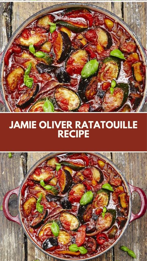 Jamie Oliver Ratatouille is made with red onions, garlic, aubergines, courgettes, bell peppers, ripe tomatoes, fresh basil, olive oil, fresh thyme, quality plum tomatoes, balsamic vinegar, and lemon zest. This easy Ratatouille recipe creates a delicious dinner that takes about 1 hour to prepare and can serve up to 6 people. Jamie Oliver Ratatouille Recipe, Jamie Oliver Ratatouille, Rattatouie Chef, Rattatouie Recipe, Italian Ratatouille Recipe, Best Ratatouille Recipe, Easy Ratatouille Recipe, Easy Ratatouille, Easy Ratatouille Recipes