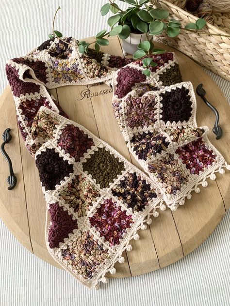 Hygge Burst Scarf Pattern x Rosé Collection by Hue Loco Yarn — NautiKrall Crochet Granny Square Scarf Pattern Free, Granny Square Scarf Pattern, Bohemian Crochet Patterns, Nautikrall Crochet, Joining Yarn, Granny Square Scarf, Patchwork Scarf, Word Meaning, Crochet Wrap