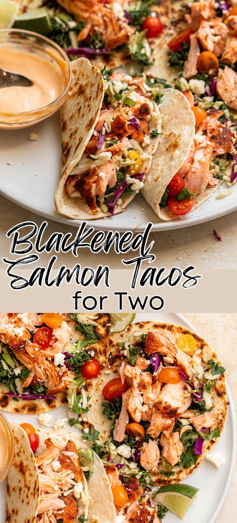 Salmon Recipes For Two, Salmon Taco Marinade, Cajun Salmon Tacos, Healthy Dinners Salmon, Salmon Taco Salad, Spicy Salmon Tacos, Salmon Tacos Recipe With Slaw, Salmon Recipes Tacos, Tuna Steak Tacos Recipes