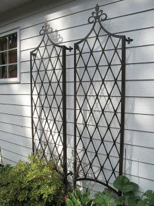 French Trellises by Trellis Art Designs..... Traditional French Trellises are bracketed to wall. The sides are bent vertically to add stiffness and strength. Size: 2′ wide by 8′ tall. T128. Gable Wall, Climbing Plant Support, Iron Trellis, Wall Trellis, Metal Trellis, Patio Planters, Outdoor Climbing, Plant Supports, Garden Seating