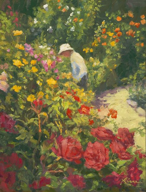 Nanette Biers,  The rose garden at the Marin Art & Garden Center in Ross.  "Inhaling the Fragrance" 12 x 9 Garden Of Roses Painting, Romantic Oil Painting Aesthetic, Rose Garden Oil Painting, Flower Garden Oil Painting, Flower Garden Illustration Art, Beautiful Garden Painting, Floral Garden Painting, Vintage Garden Painting, Gcse Art Garden Theme