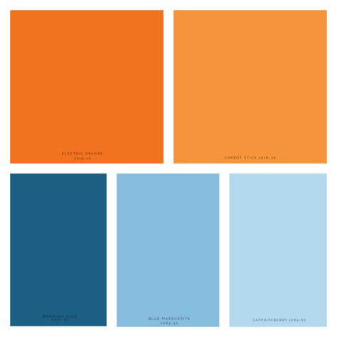 A complementary color scheme in varying degrees of blues and oranges. Colors To Go With Orange, Orange Complementary Colors, Color Palette Blues And Oranges, Red Blue Orange Color Scheme, Blues And Orange Color Palette, Orange And Blue Room Decor, Color Scheme With Orange, Blue Orange White Color Palette, Blue Orange Black White Color Palette