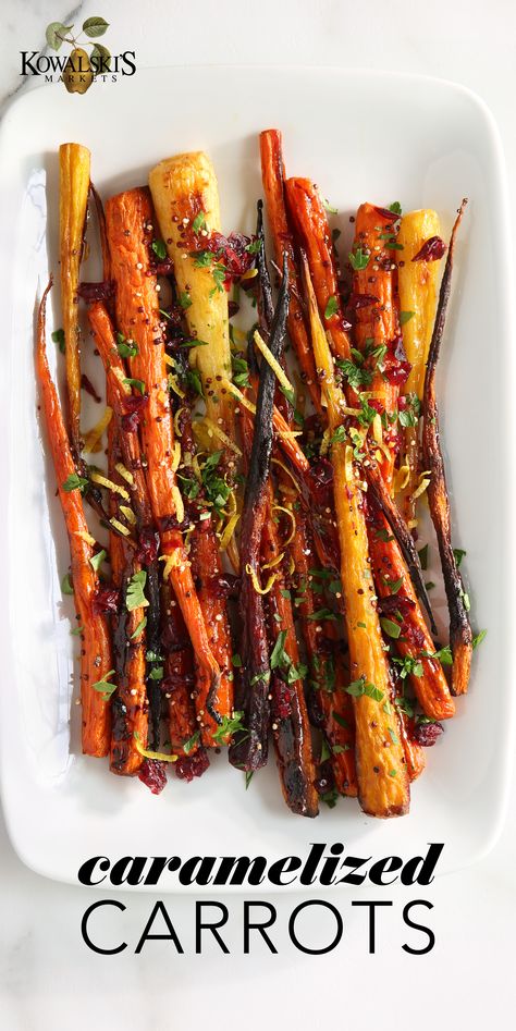 Kowalski's recipe for Caramelized Carrots. Christmas Dinner Carrots, Recipe For Carrots Side Dishes, Heirloom Carrots Recipe, Hasselback Carrots, Christmas Carrots, Rainbow Carrot Recipes, Parmesan Carrots, Glazed Baby Carrots, Roast Carrots