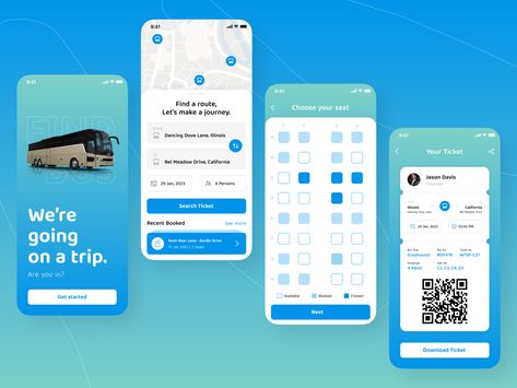 bus ticket booking app Bus Ticket Design, Flight Booking App, Bus App, Ticket Design Template, Login Page Design, Hotel Booking App, App Home Screen, App Inspiration, Interactive Web Design