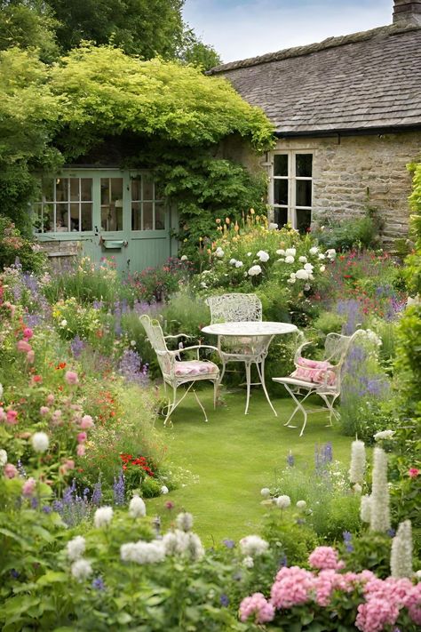 An English Cottage Garden is a charming and picturesque style of gardening that reflects the quaint beauty of rural England. It’s a delightful blend of informal design, colorful blooms, and abundant plantings that evoke a sense of nostalgia and romance.  Design layout, flowers, design, ideas, plants, front yard, lay out, patio, small, shed, border, fence. Designing A Cottage Garden, Garden English Style, Cottage Backyard Garden, Cottage House With Garden, English Cottage Garden Patio, Cottage English Garden, Garden Design English, Flower Front Garden, Beautiful Small Gardens Ideas