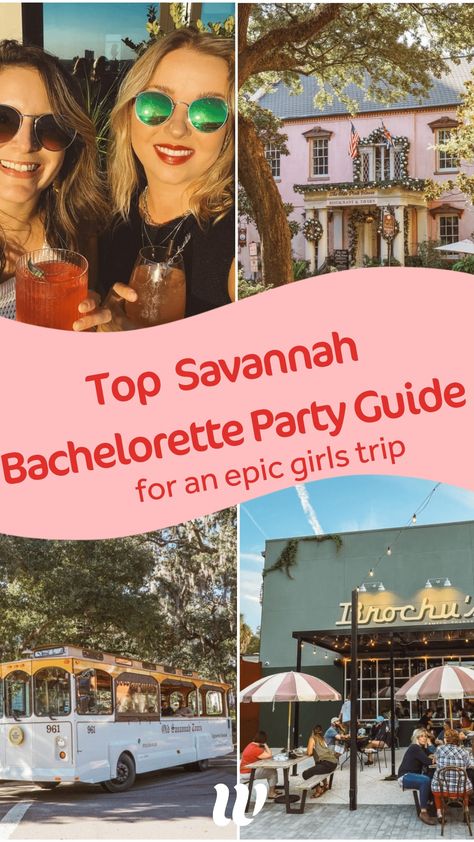 My REAL savannah bachelorette party! If you’re looking for something with Southern Charm, but a little more off the beaten path, a Savannah girls trip may be just what you’re looking for. With its fun nightlife scene, relaxed open container laws, and proximity to the water, Savannah Georgia is the perfect bachelorette party destination. Savannah Ga Bachelorette Weekend, Savannah Girls Weekend, Georgia Bachelorette Theme, Bachelorette Trip Savannah Ga, Savannah Ga Bachelorette Party Theme, Savannah Georgia Bachelorette Itinerary, Bachelorette In Savannah Ga, Savannah Georgia Bachelorette Party Outfits, Girls Trip Savannah Georgia