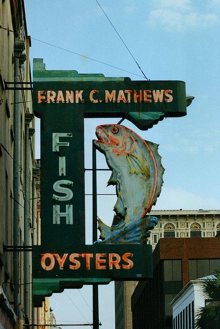 Mathews Fish Market - Savannah Georgia by swampzoid, via Flickr Fish Sign, Old Neon Signs, Building Signs, Ghost Signs, Vintage Neon Signs, Fish Market, Tybee Island, Retro Sign, Roadside Attractions