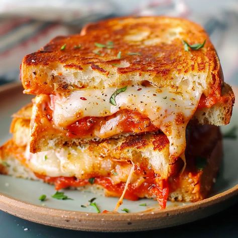 Ultimate Pizza Grilled Cheese Recipe - sandyrecipes.com Pizza Grilled Cheese Recipes, Savory Butter, Cheese Crust Pizza, Grilled Cheese Recipe, Pizza Grilled Cheese, Panini Recipes, Pizza Sandwich, Pizza Flavors, Grilled Cheese Recipes