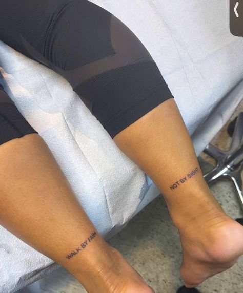 Cute Small Leg Tattoos, Leg Tattoos Quote, Behind The Thigh Tattoos For Women, Back Of Leg Tattoo Women, Small Leg Tattoos Women, Small Leg Tattoos, Tiny Wrist Tattoos, Faith Tattoo, Tattoos Women