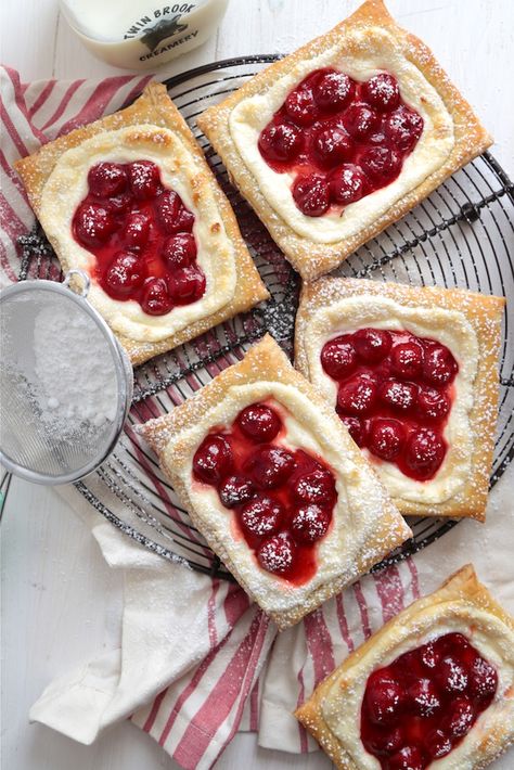 Quick and Easy Cherry Cream Cheese Danishes - www.countrycleaver.com Cream Cheese Danishes, Small Pastries, Cream Cheese Puffs, Cheese Danishes, Cherry Cream Cheese, Cream Cheese Puff Pastry, Cream Cheese Danish, Cheese Puff Pastry, Cheese Danish