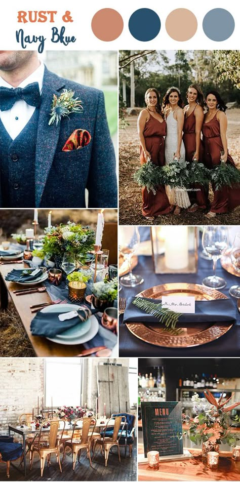 Rust gold and navy blue fall wedding color inspiration Navy Blue Mustard Yellow Burnt Orange Wedding, Boho Wedding With Navy Blue, Navy Blue Themed Wedding Color Combos, Navy Copper And White Wedding, Rust Pink And Navy Wedding, Blue And Silver Fall Wedding, Navy Wedding Colors Fall Colour Palettes, Dusty Blue And Rust Color Palette, Steel Blue And Rust Wedding