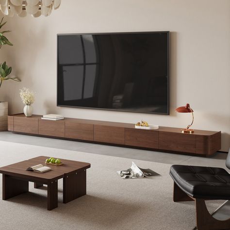 Latitude Run® Ayrah 133.86" Mid Century Modern TV Stands, 6 Drawers, Solid Wood Brown Media Console | Wayfair 85” Tv Cabinet, Minimal Media Console, 85 Inch Tv Living Room Wall, Floating Tv Stand Living Room, Floating Media Console, Mid Century Modern Tv, Midcentury Tv Stand, Modern Tv Stands, Wood Tv Unit