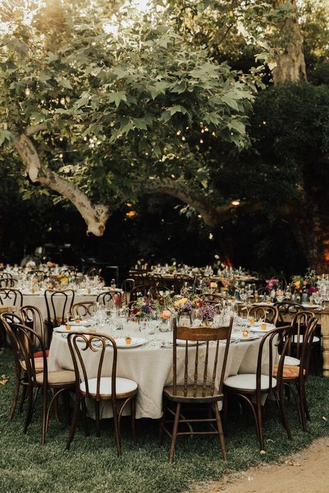 French American Wedding, Winery Vibes, Forest Theme Wedding, Garden Reception, Rustic Wedding Decorations, Outdoor Dinner, Fairy Wedding, Wooden Chairs, Forest Garden