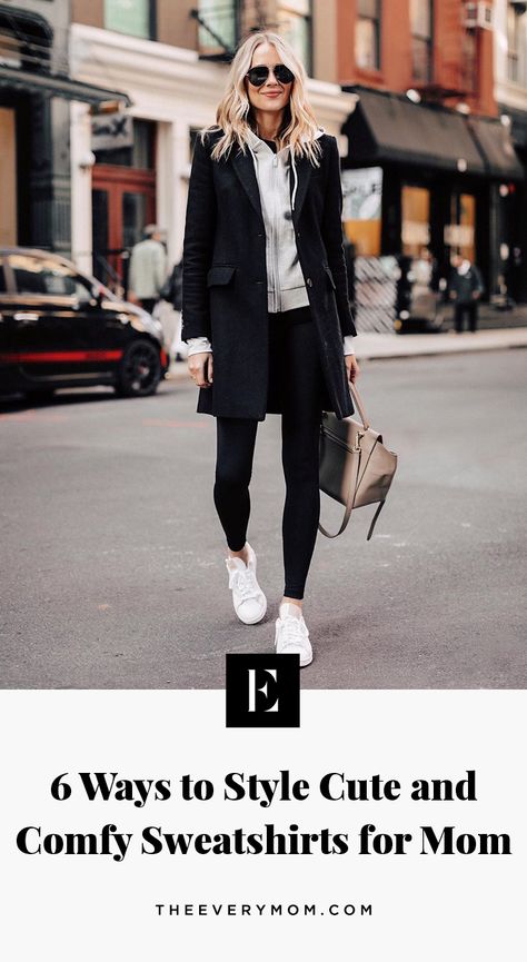 6 Ways to Style Sweatshirts for Mom | The Everymom Sports Mom Outfit Soccer, Casual Sports Game Outfit, Casual Outfits For Sporting Events, Chic Soccer Mom Outfit, Cute Hockey Mom Outfits, Sport Mom Outfit Winter, Sports Mum Fashion, Womens Athleisure Outfits Winter, Sports Mom Fashion