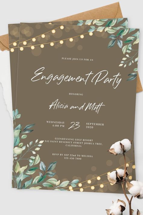 Rustic theme-inspired engagement party invitation featuring classic garland and greenery decorations. Customize this template to your own preferences and download or order printed. #engagementinvitation #engagementinvitationcard #engagementpartyinvitations #engagementinvitationtemplate #invitationcardforengagement Simple Engagement Invitation Cards, Back Drop For Engagement, Simple Engagement Cards, Invitation Card Design Engagement, Engagment Invites Cards, Invitation Card Design Simple, Inauguration Invitation Card, Engagement Cards Ideas Invitations, Engagement Invitation Cards Template