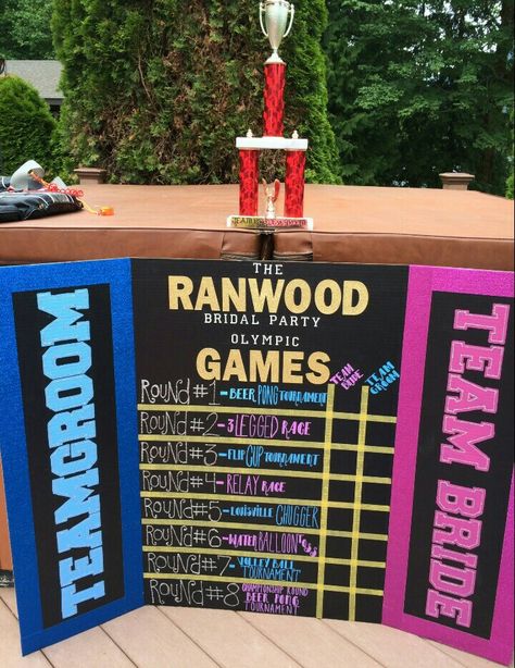 Bridal party Olympics scoreboard! Beer Olympics Party, Wedding Party List, Beer Olympics, Wedding Photos Ideas, Beer Olympic, Bridal Party Games, Party List, Bridesmaid Funny, Funny Bachelorette