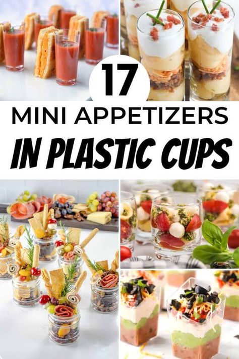 mini-appetizers-in-plastic-cups Pasta In Cups For Party, Salad In Cups For Party, Cup Food Ideas Parties, Individual Dips In A Cup, Food Cups Ideas, Salad Cups Individual, Food In A Cup Ideas, Pasta Salad In Cups, Vegetable Cups For Party