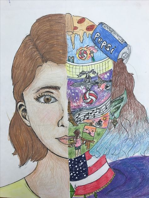 School Split Face Self Portrait, Identity Self Portrait, Identity Art Project, Self Portrait Ideas Drawing, Identity Portrait, Self Portrait Art, 7th Grade Art, 8th Grade Art, Middle School Art Projects