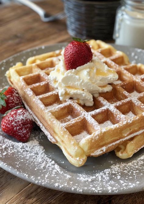 "Enjoy delicious Belgian waffles with irresistibly crispy edges, perfect for breakfast or brunch. Easy to make and loved by all! #BelgianWaffles #BrunchIdeas #CrispyWaffles" Healthy Belgian Waffle Recipe, Fried Waffles, Fancy Waffles, Waffle Belgian, Waffle Batter Recipe, Waffles Aesthetic, Belgian Waffle Recipe, Yummy Waffles, Belgian Waffles Recipe