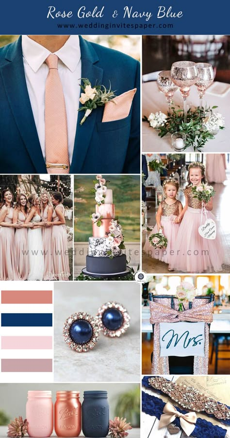 Navy Blue Pink And Champagne Wedding, Blush And Rose Gold Wedding Decor, Wedding Colors Rose Gold Colour Palettes, Wedding Colors Navy Blue And Rose Gold, Navy Blush And Gold Wedding, Wedding Rose Gold And Navy, Rose Gold And Navy Wedding Theme, Navy Blue Rosegold Wedding Table Decor, Rose Gold And Navy Blue Wedding Decor