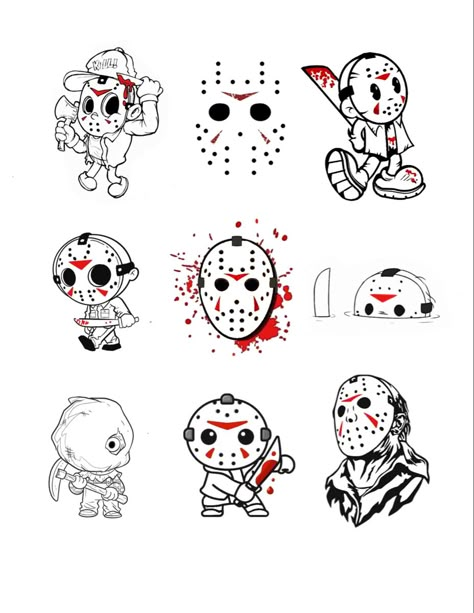 Jason Voorhees Flash Tattoo, Michael Myers Flash Tattoo, Jason Flash Tattoo, Cartoon Halloween Tattoos, Horror Flash Tattoo Sheet, Small Jason Voorhees Tattoo, Friday 13 Tattoo Ideas Flash, Mini Horror Tattoos, Jason Voorhees Mask Tattoo