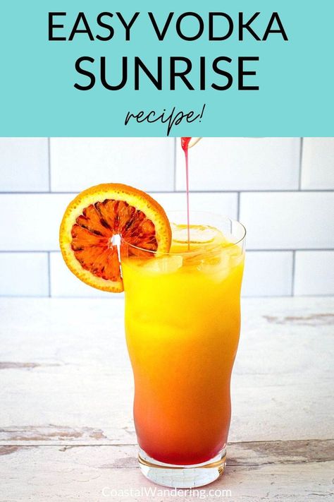 Do you know how to make a vodka sunrise? It is the perfect summer drink! It's a great cocktail that echoes the colors of tropical sunrise from deep red to bright orange. And it's refreshing, fruity, and delicious. It's so easy and fun, this vodka sunrise recipe should be on your list of go-to cocktails! Mixed Drinks With Orange Juice, Red And Yellow Drinks, Orange Color Cocktails, Fruity Vodka Cocktails, Tropical Sunrise Drink, Mango Vodka Drinks Recipes, Orange Vodka Drinks, Fun Vodka Drinks, Orange Vodka Cocktails