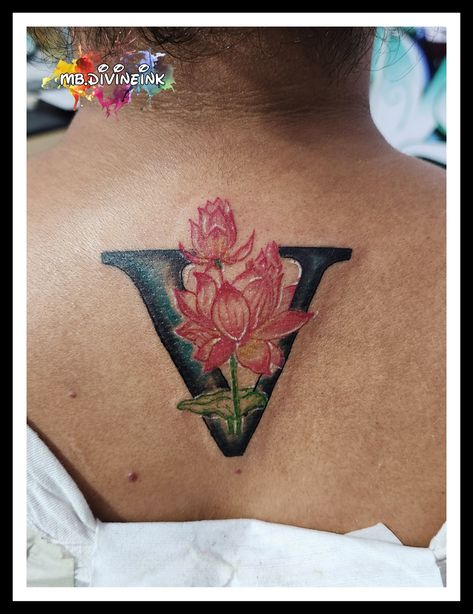 Lotus tattoo designs, Small Lotus with name tattoo, Lotus flower tattoo, Ne initial tattoo, Letter V tattoo, Alphabet tattoo design, Lotus tattoo style, Lotus love, Sign of purity, Dot work tattoo INSTAGRAM:- www.instagram.com/mb.divineink Letter V Tattoo, Tattoo Lotus Flower, Tattoo Alphabet, V Tattoo, Tattoo Lotus, Alphabet Tattoo, Alphabet Tattoo Designs, Lotus Tattoo Design, Work Tattoo