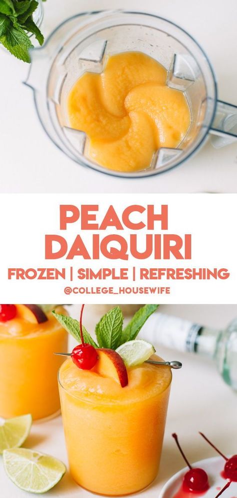 Peach Colada Recipe, Peach Frozen Drinks, Daiquiris Recipe Frozen, Peach Daiquiri Recipe Frozen, Frozen Peach Daiquiri Recipe, Frozen Daquiri Recipe Alcohol, White Peach Drink Recipes, Frozen Peach Drinks Alcohol, Peach Drink Recipes Alcoholic