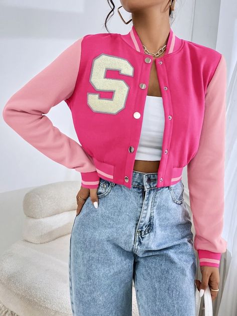 SHEIN EZwear Letter Patched Crop Varsity Jacket | SHEIN USA Cropped Jacket Outfit, Varsity Jacket Outfit, Varsity Jacket Women, Jacket Outfit Women, Color Block Jacket, Jacket Outfit, Casual Vest, Crop Jacket, Outfits Casuales