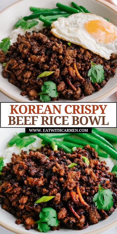 Try this delicious Crispy Ground Beef Rice Bowl Recipe for a satisfying meal! This dish combines the richness of ground beef recipes with the simplicity of a beef bowl recipe. Perfect for those seeking healthy recipes, it offers a nutritious and flavorful option for dinner. Inspired by korean beef recipes, this dish features crispy ground beef served over rice, making it a hearty beef dinner choice. Ground Beef Rice Bowl, Crispy Ground Beef, Beef Rice Bowl Recipe, Beef Bowl Recipe, Korean Beef Recipes, Rice Bowl Recipe, Beef Bowl, Ground Beef Rice, Crispy Beef