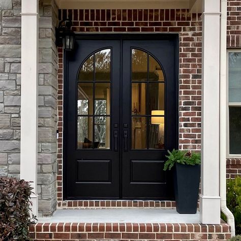 Black Window Front Door, Front Exterior Doors Entrance, Large Exterior Doors, Full View Front Door, Farmhouse Modern Front Door, Oversized Front Door Farmhouse, Home Doors Front Entrance, Black French Front Doors Entrance, Glass Double Doors Front Entry