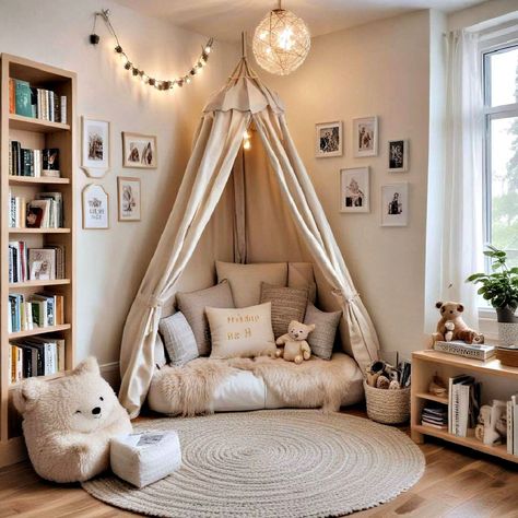 Canopy Over Rocking Chair Nursery, Toddler Sisters Bedroom Ideas, Toddler Room Inspo Girl, Large Toddler Bedroom Ideas, Kids Bedroom Reading Nook, Grandchildren Room Ideas, Children’s Reading Corner, Kids Reading Corner Bedroom, Cozy Kids Corner